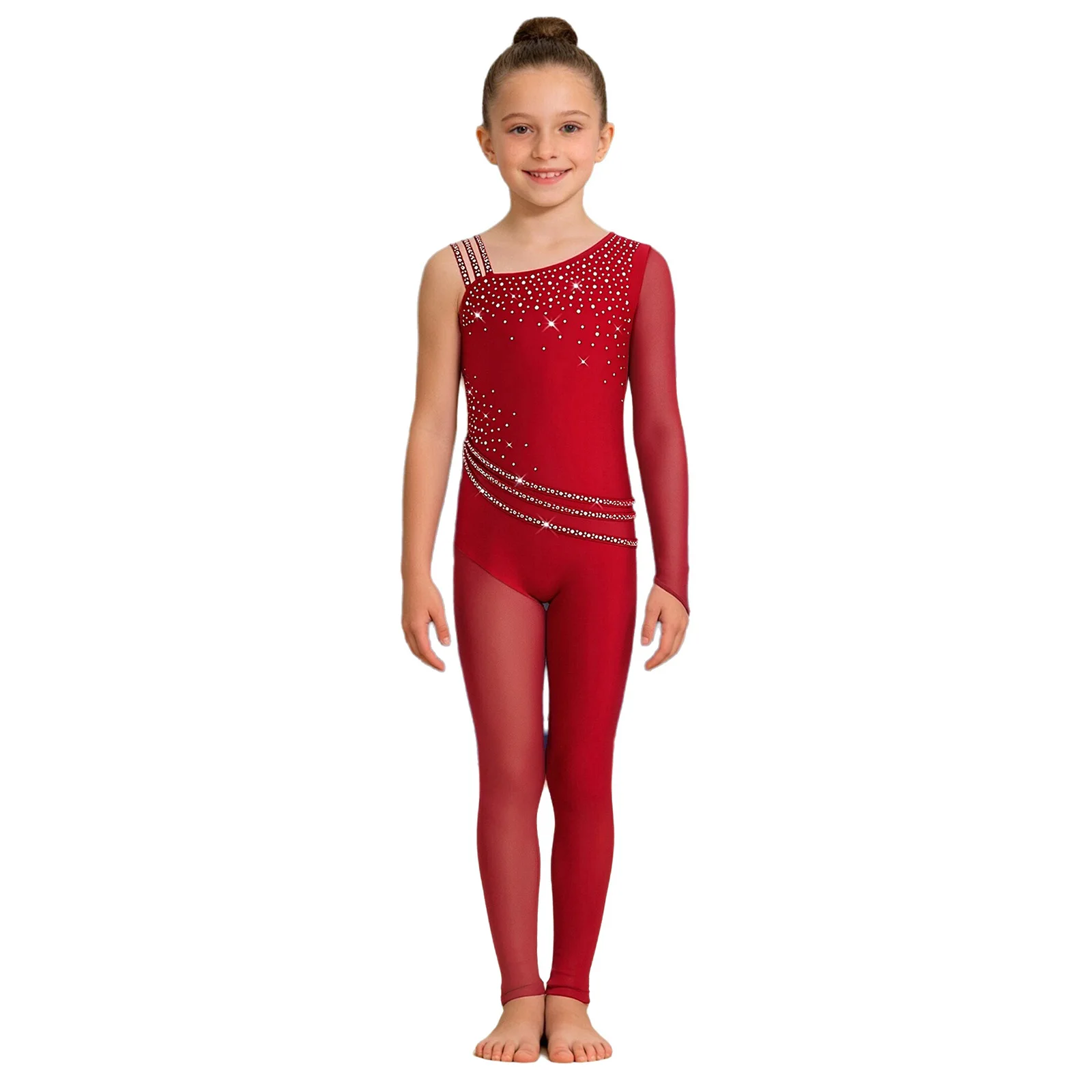 Kids Girls Ballet Dance Gymnastics Leotard Rhinestones Mesh Asymmetrical Jumpsuit Figure Skating Acrobatics Performance Bodysuit