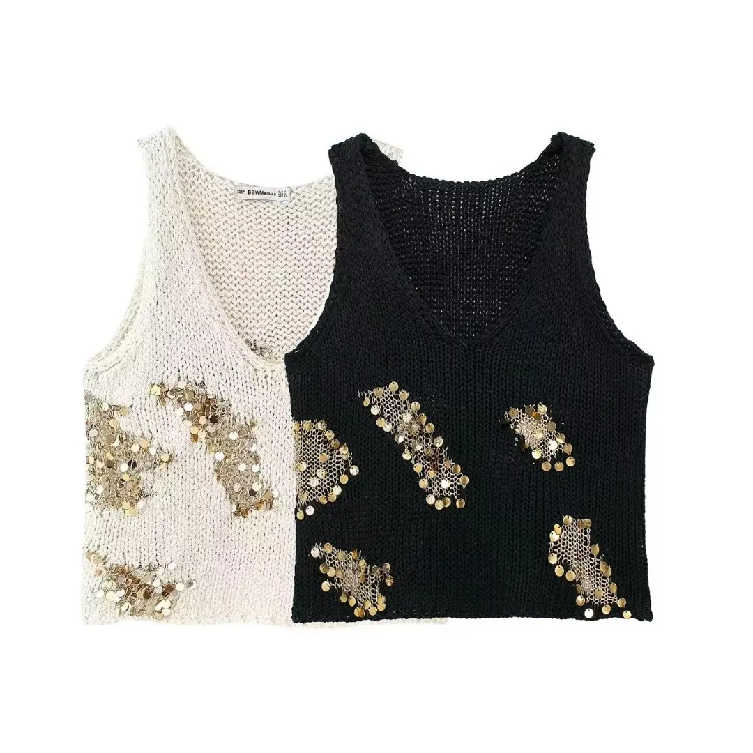 Women's 2024 new fashion sequin decoration casual short V Neck knitted top retro sleeveless women's vest chic top