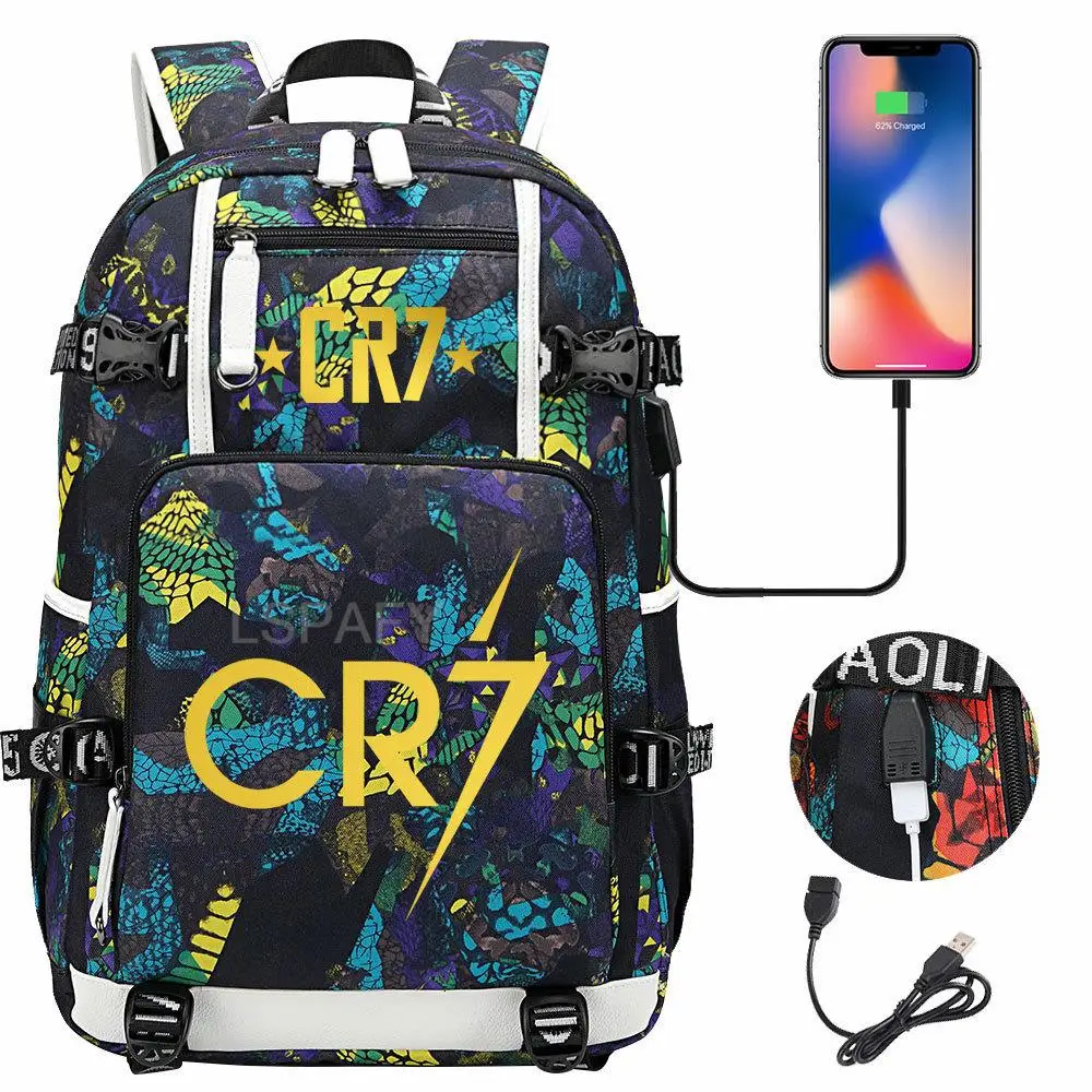 Football Superstar CR7 USB Charging Backpack Ronaldo Schoolbag Travel Notebook Laptop Bags For Teens Students