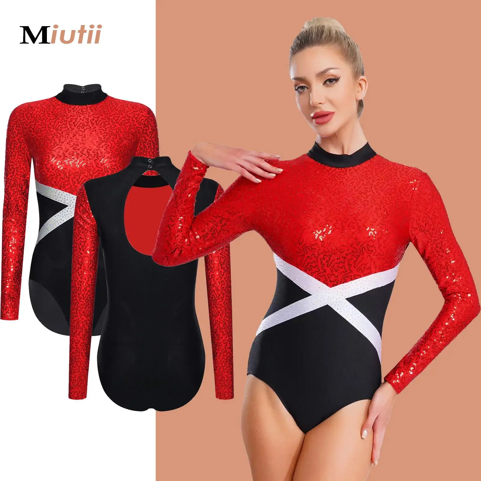 

Women One-piece Rhythmic Gymnastics Bodysuit Ballet Jersey Dance Leotard Costume Shiny Sequins Artistic Figure Skating Dancewear