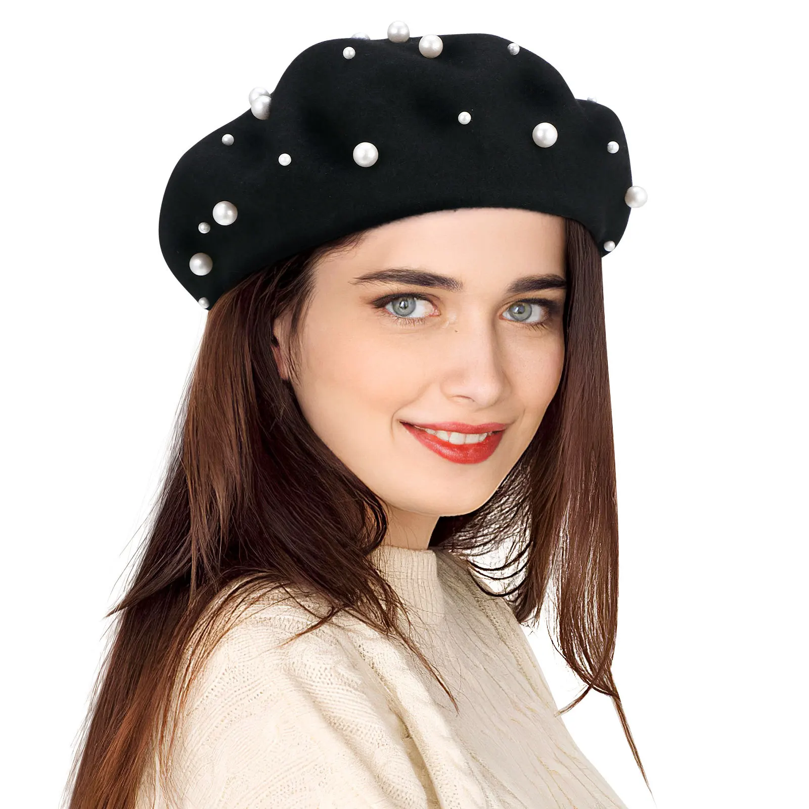 

Pearl Beret For Women Autumn Winter Beaded Rivet Wool Hat Knit Cap Foldable Fashion Accessory