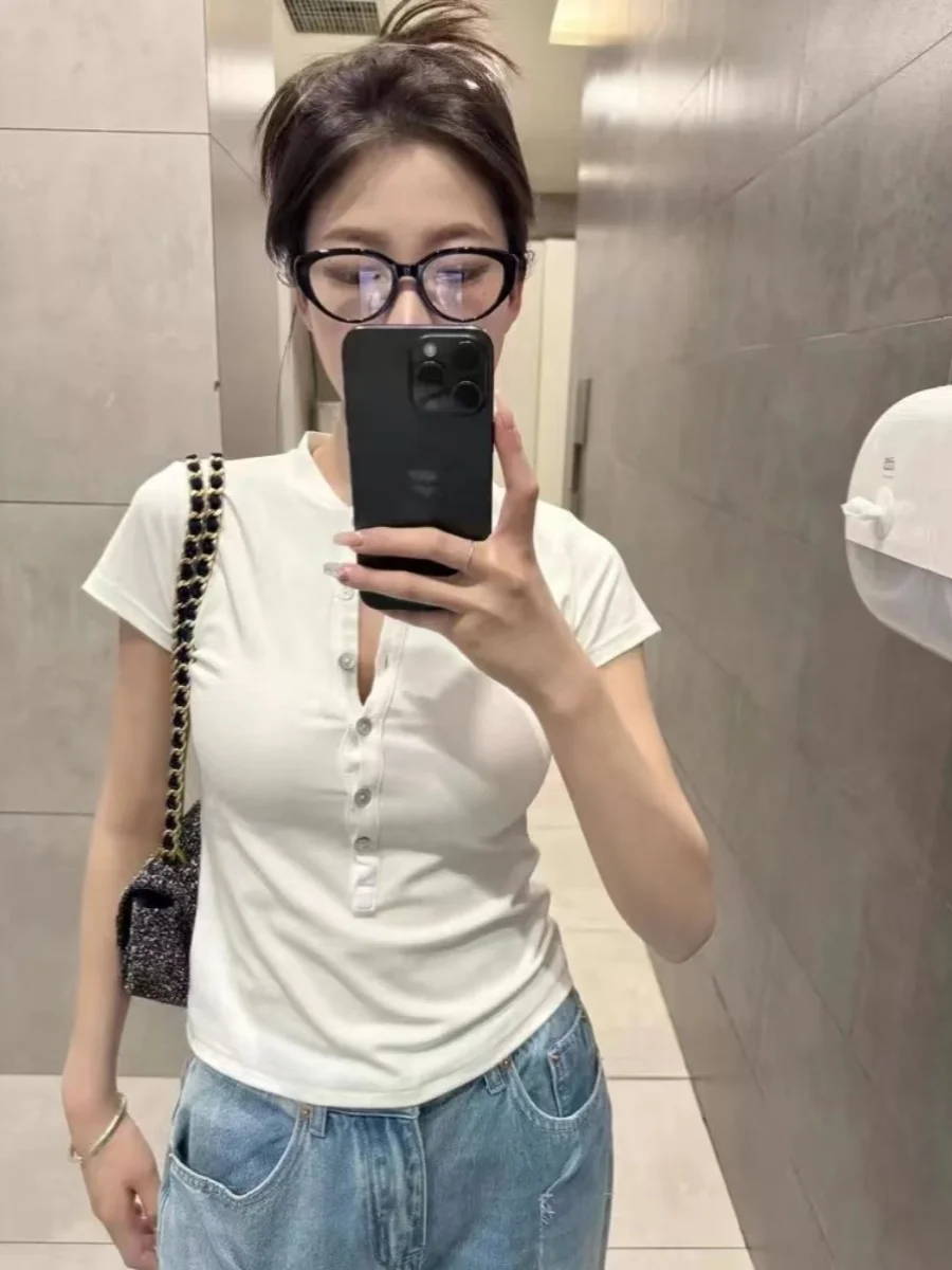 Summer 2024 Women's Slim Fit ort Sve T-irt Pure Desire American Sle Waist Cinched Button f Open Collar ort T-irt