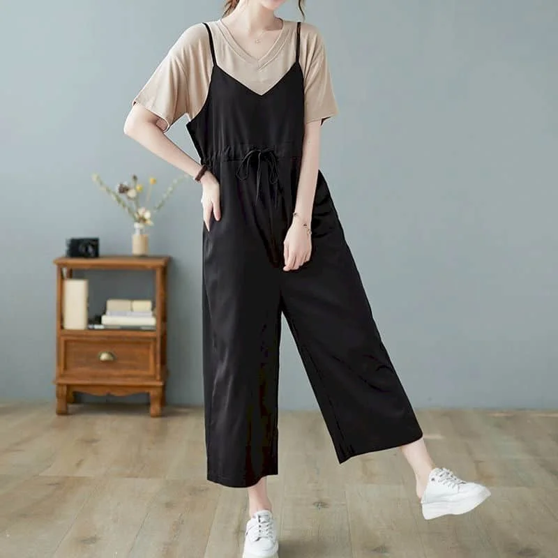 

Jumpsuits for Women Loose Solid Black Playsuits Safari Style One Piece Outfit Women Casual Overalls Retro Cropped Straight Pants