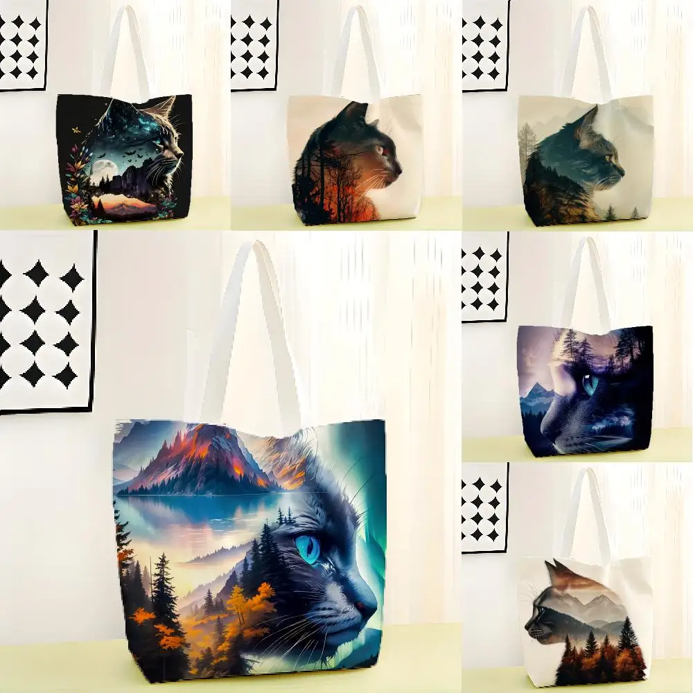 Cat And Mountain Landscape Storage Bags Canvas Double-Sided Print Tote Bag Large Capacity Shoulder Fashion Shopping Handbag