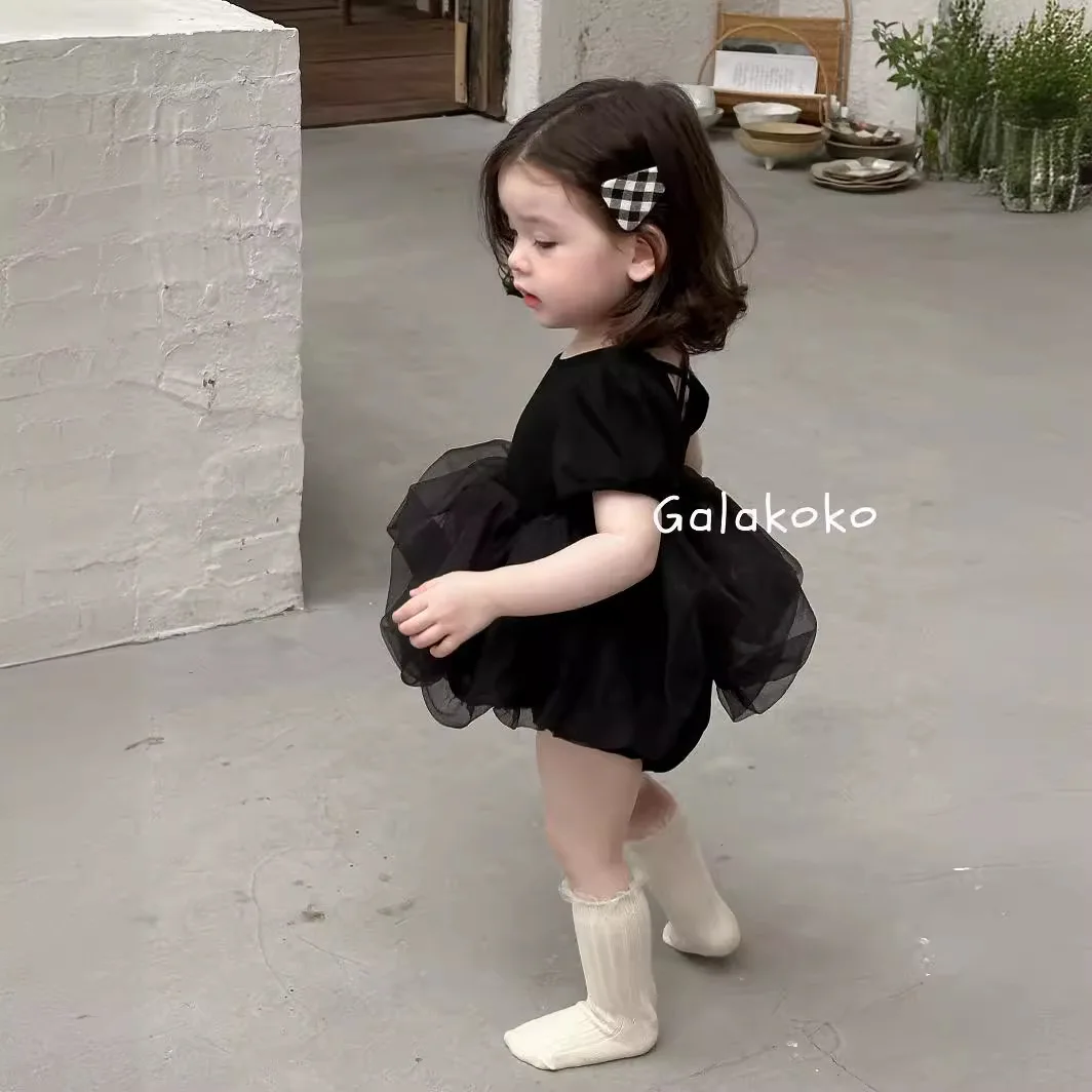 

Splicing Mesh Dress Solid Color Simple Sweet Cute Summer Casual Fashion Temperament Dress Kids Clothes