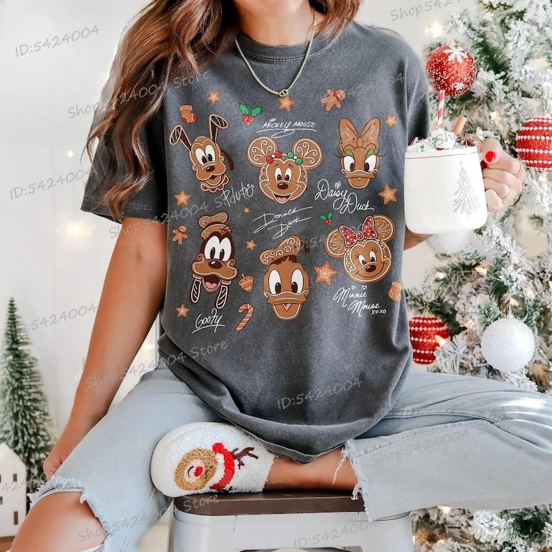 ヴィンテージミッキーと仲間たちジンジャーブレッドクリスマスTシャツ漫画半袖クリスマス服ギフト