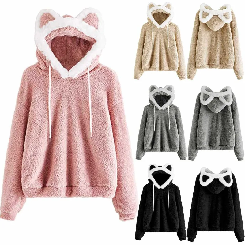 Cute Ear Hooded Pullover Fuzzy Fleece Sweatshirt Y2k Gothic Clothes Retro Streetwear Casual Fashion Harajuku Clothing 2025 New