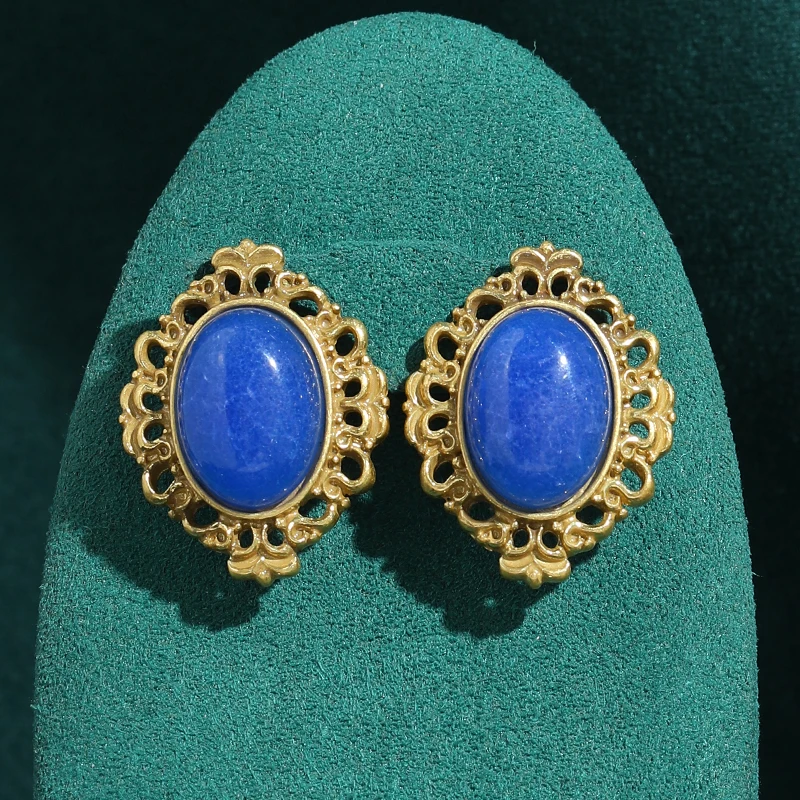 

Vintage Oval Blue Stone Earrings Natural Stud Woman Gold Color Rhinestones Party Palace Accessories 2026 Trend Jewelry New Gifts