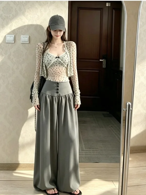 Korean Style Polka Dot Open Cardigan Wide Leg Pants Women's Summer Fashionable Two Piece Set Beautiful Complete Matching Outfit
