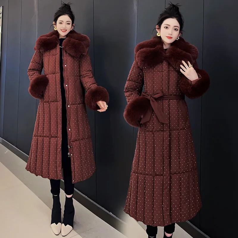 حزام الشتاء النساء معطف مبطّن عالية تألق هندسية طباعة فو الثعلب الفراء الدافئة طويلة سترة سيدة سميكة البخاخ ملابس خارجية للإناث