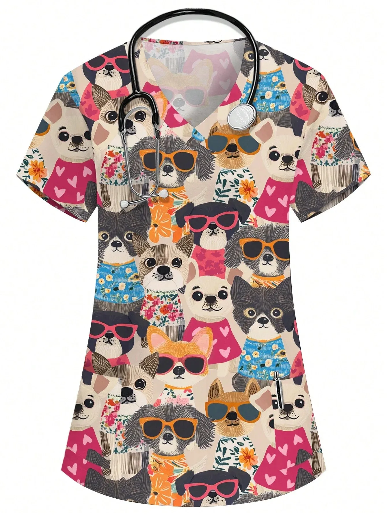 Women's Surgical Gown, Cartoon Animal Print Veterinary Nurse Top, Fashionable V-neck Short-sleeved T-shirt, Medical Uniform