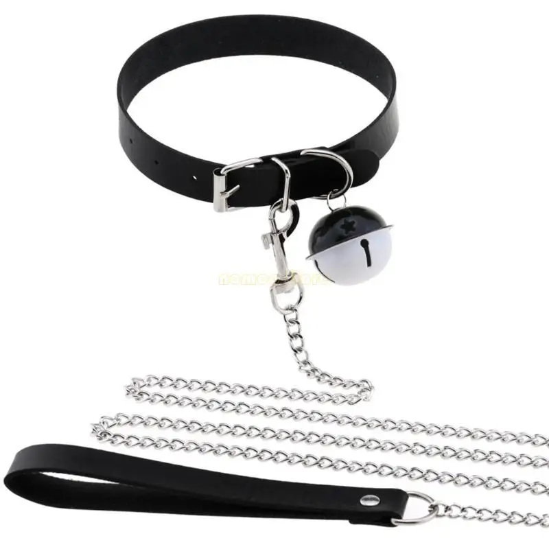 31BF Punk Choker Necklace Leather Collar Choker with Detachable Leash Chain for Girl