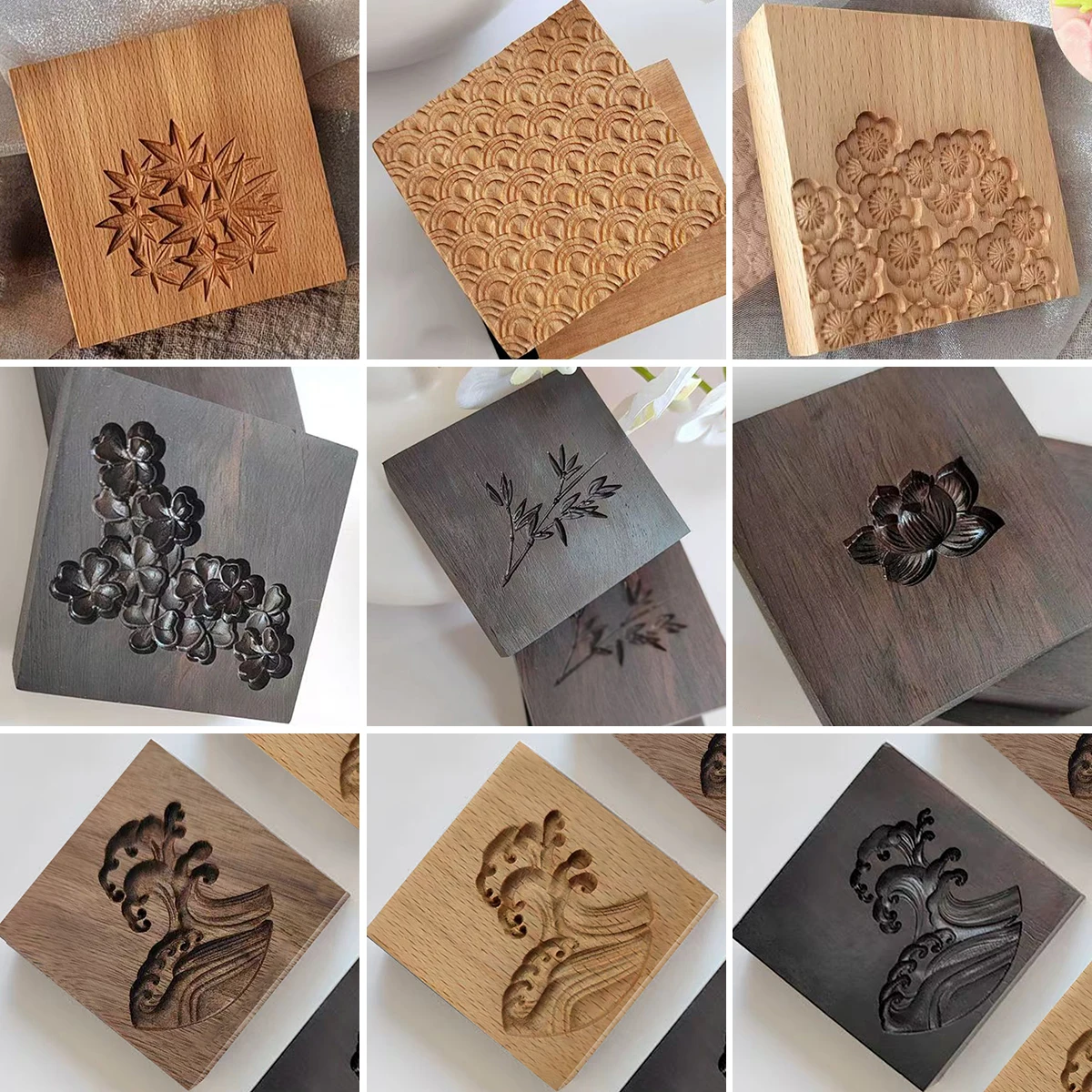 Wooden Three-dimensional Molds for Traditional Japanese Dim Sum and Wagashi ,Lotus, Maple leaf, Sea wave, Plum blossom.