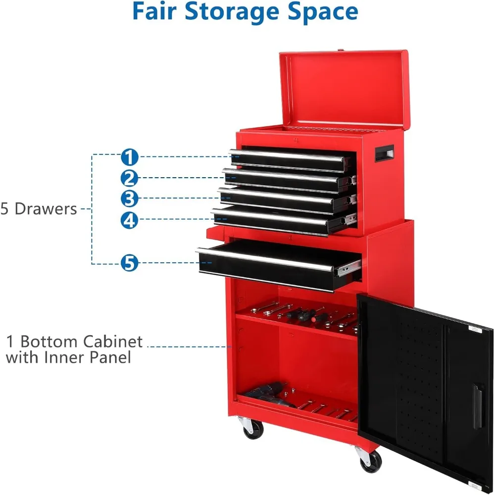 5-Drawer Rolling Tool Chest with Lockable Wheels, Detachable Top, Adjustable Shelf, Mechanic's Tool Storage Cabinet