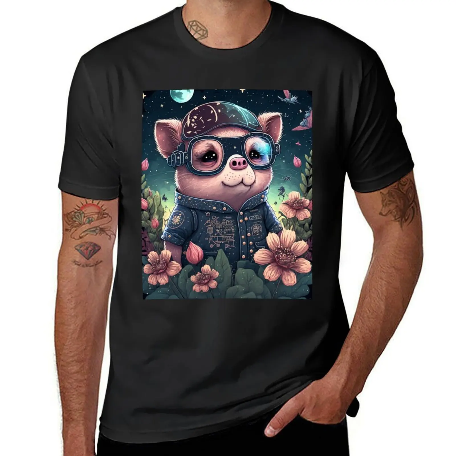 Nature Loving Aviator Pig T-Shirt vintage clothes boys whites T-shirts for men cotton