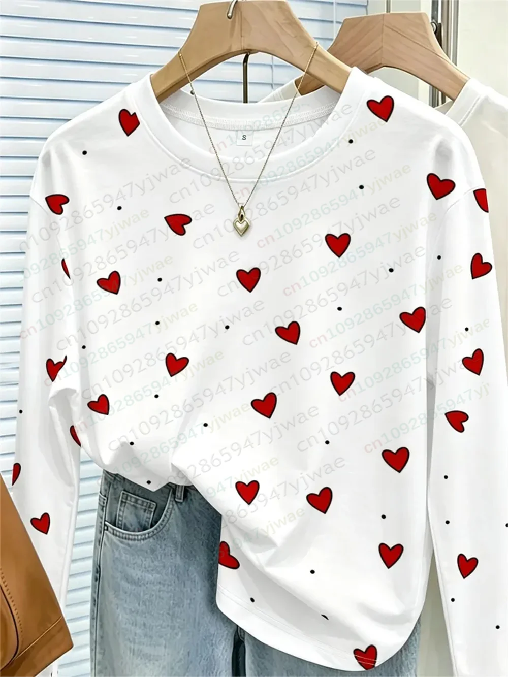 Herbstliches Damen-T-Shirt mit Herzmuster und Schleife, gestreift, lässig, langärmelig, Rundhalsausschnitt, locker geschnitten, atmungsaktiv, hochwertiges, vielseitiges T-Shirt – Detail 14