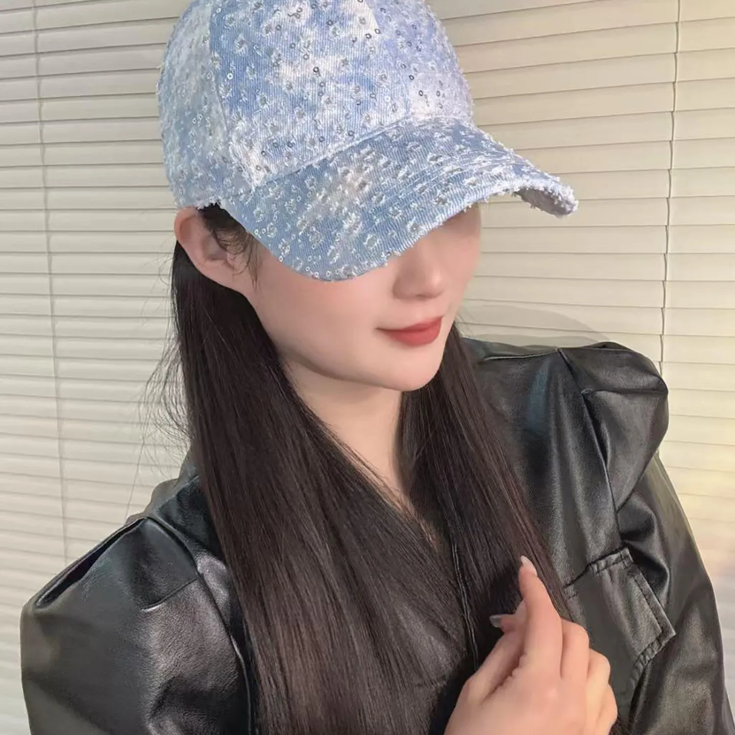 korean-style-shiny-sequin-baseball-cap-women's-spring-summer-versatile-sun-protection-wide-brim-casual-breathable-empty-top-s