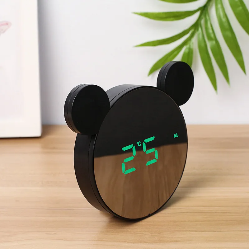 Mouse Ear Shaped Led Digital Alarm Clock Home Bedroom Desktop Electronic Clock Mirror Bedside Wake Up Clock For Kids