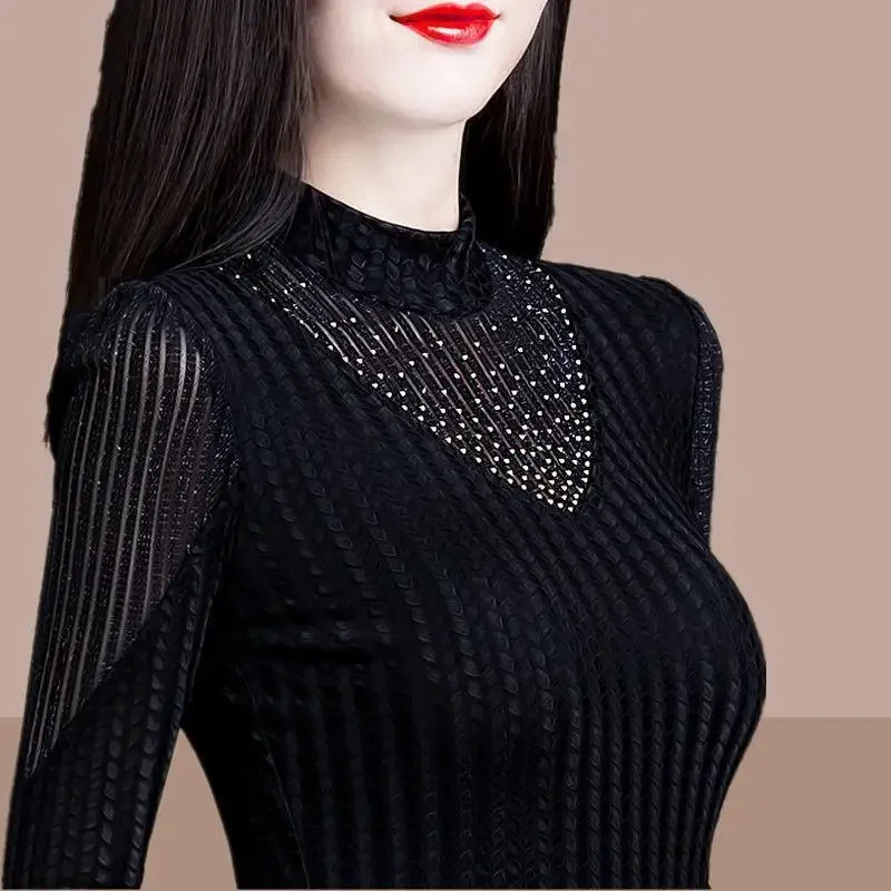 

Velvet Thick/thin Half Turtleneck New Slim Fit Bottoming Shirt Autumn Mesh Lace Long-sleeved T-shirt Women's Top Blouse Z792