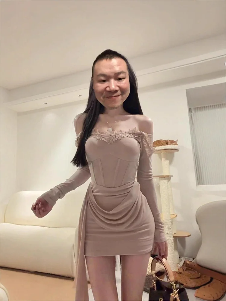 

Stazf7 Umei Fishbone Lace Dress Women's Spring Season Pleated Bum Skirt plus Size Fashionable Casual City Walk Dress