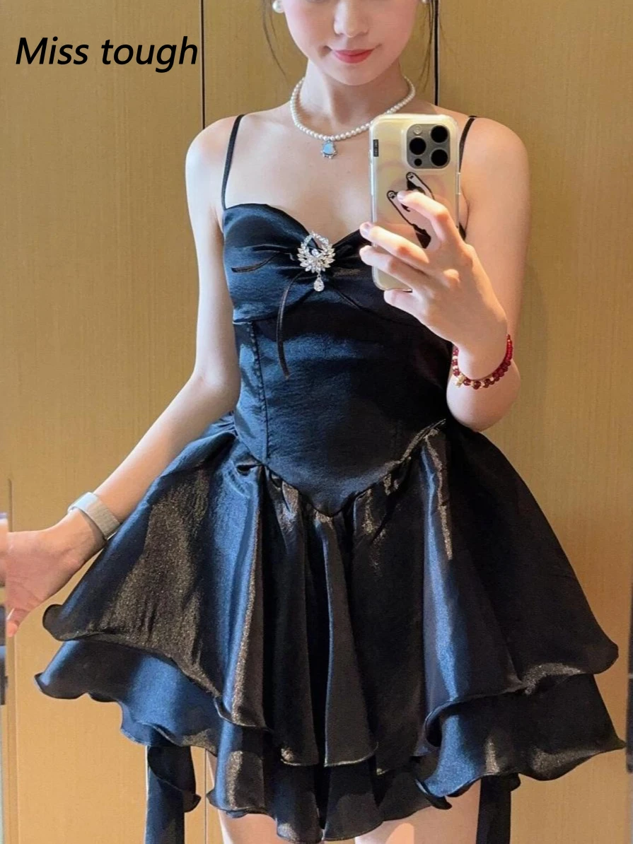 Women Elegant Black Satin Mini Dress Sexy Backless Sleeveless Prom Gown with Brooch Detail Layered Ruffle Hem Party Outfit 2025