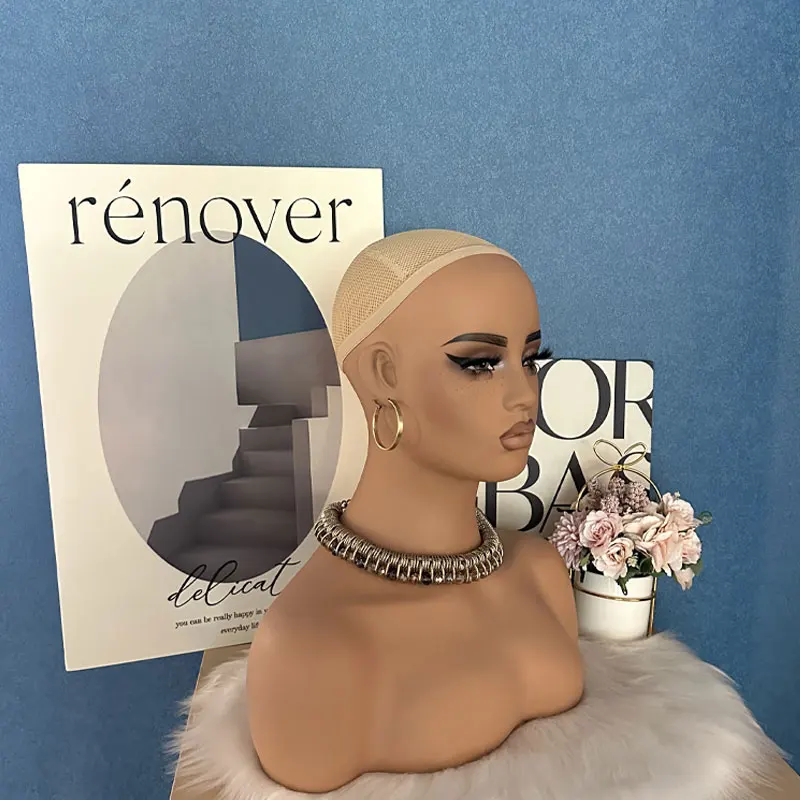 Square Face Mannequin Head With Shoulders Realistic Wigs Display Head With Freckle Dummy Head For Wigs Pvc Female Manikin Head