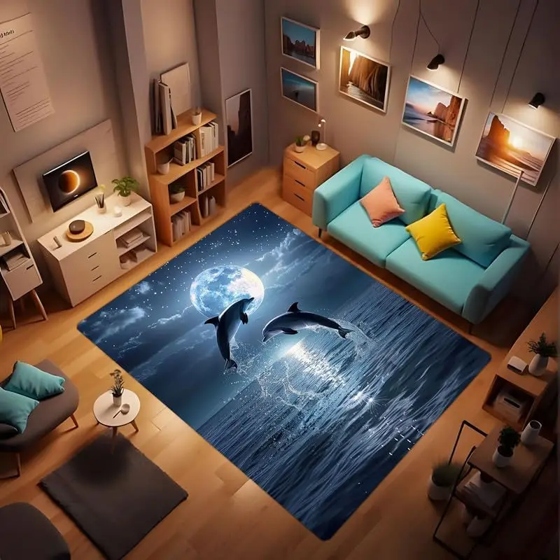 Flannel Soft Washable Carpet Non-Slip Indoor Doormat Carpet Underwater Dolphin Coral Pattern Carpet for Bathroom Kitchen