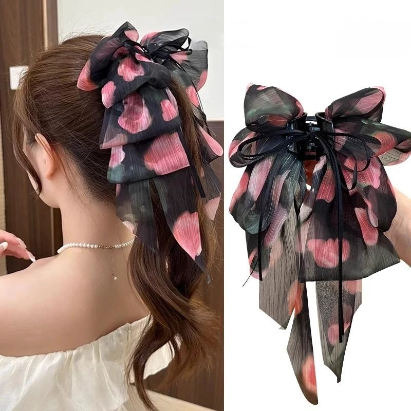 Haarspange mit zerdrückten Blüten, mehrlagiger Schleife, flatterndem Band, Haarspange für tiefen Pferdeschwanz, Haarspange für den Hinterkopf, Haifisch-Haarspange_voghion.com