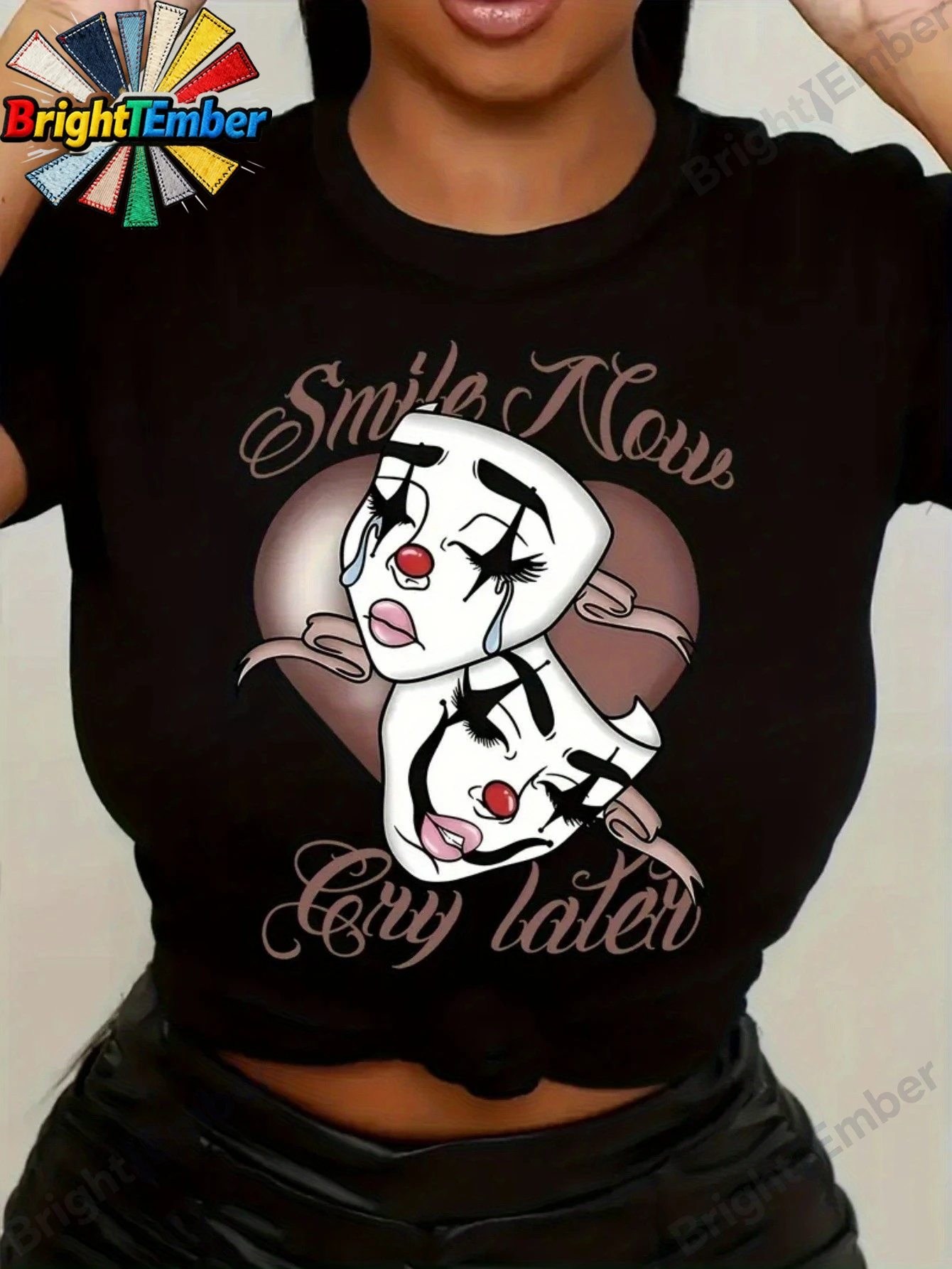 Casual Top with a Round Neck And Short Sleeves Featuring a Clown Mask Design