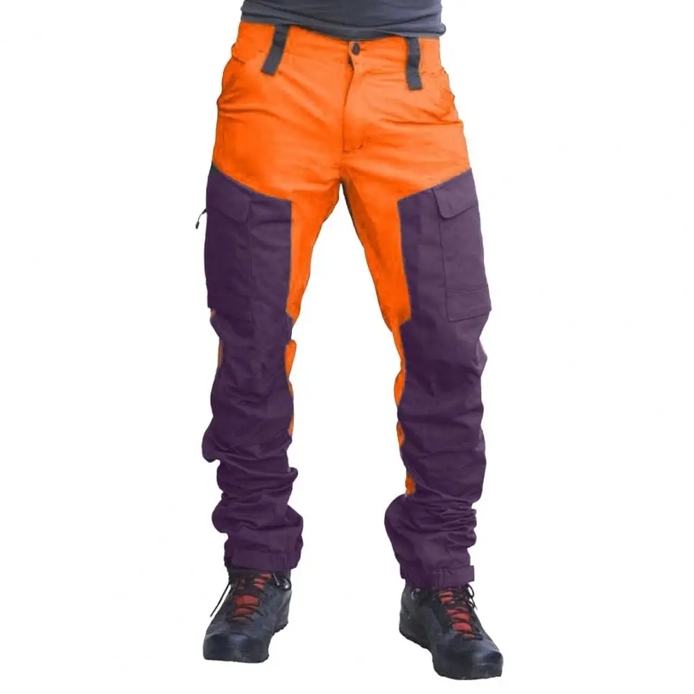 Men Outdoor Cargo Pants Multi Pockets Colorblock Button Zipper Closure Slim Work Trousers Travel Camping Mountaineering Pants