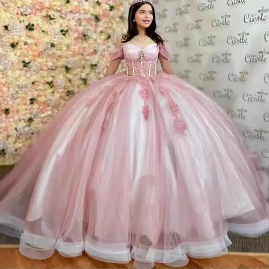 Bomaris Pink Off-Shoulder Ball Gown Quinceanera Dresses Vestidos De 15 Anos Glittering Applique Formal Princess Party Customized