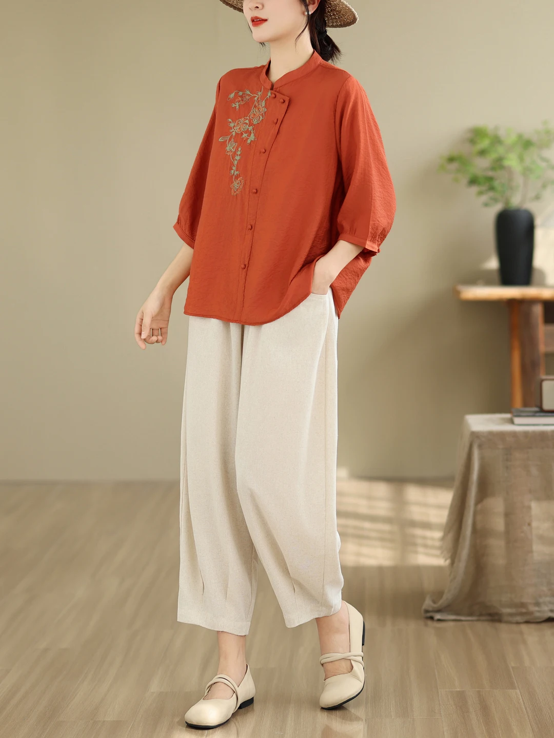 

Casual Cotton Linen Shirt Top Loose Meat Concealing Slimming Mommy Style Fashionable Nine Point Harlan Pants Summer New Arrival