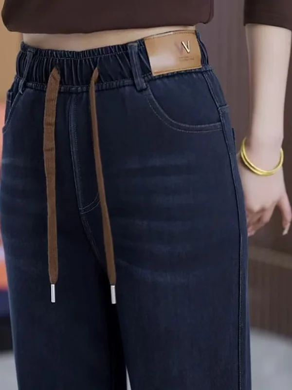 

High Waist Fce Lined Soft Waed Wide Leg Straight Cut Denim Jeans Women's Autumn Winter New Sle Elastic Casual Trousers