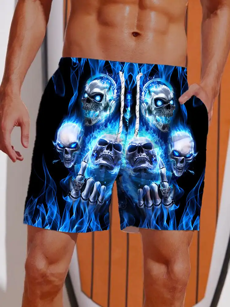 2024 Amazing Style Blue Electric Flame Skull Printing Shorts Men's Casual Board Shorts Swim Trunks Drawstring Breathable Short