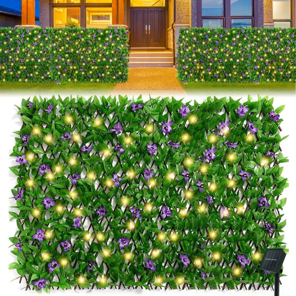 180CM Expanding Privacy Fence Artificial Plant Flower Boxwood Hedge With Solar Light Hedge Screen Backyard Terrace Balcony Decor