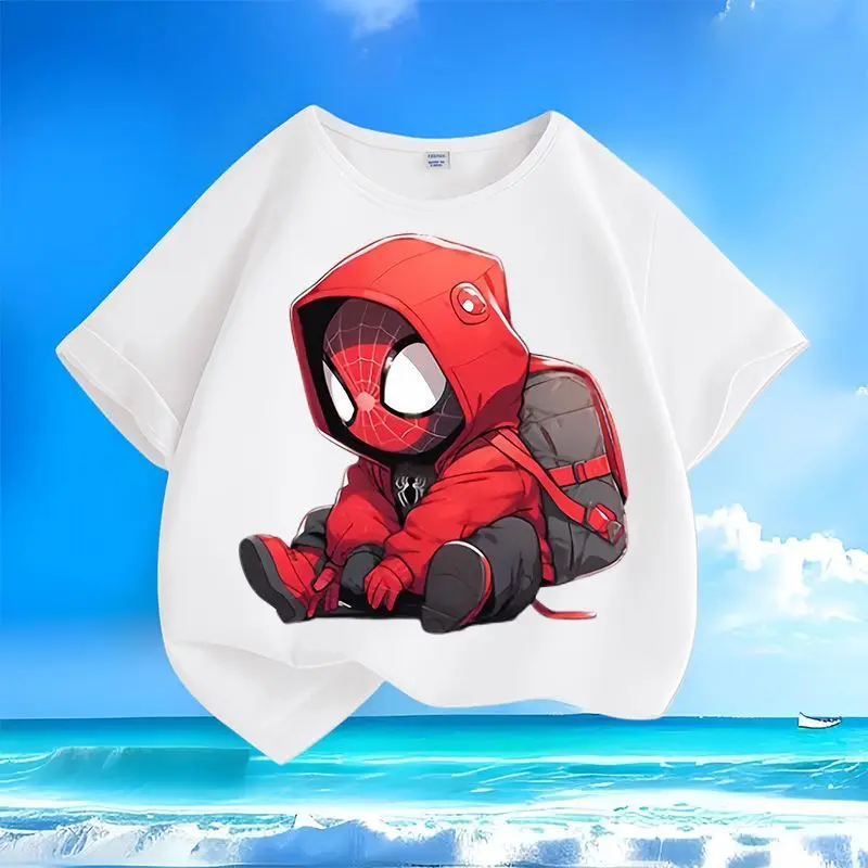 Marvel Spiderman boys and girls summer soft, comfortable and cute anime all-match pure cotton round neck casual short sleeves