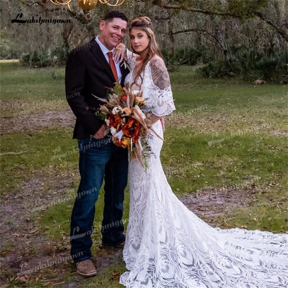 Vintage Zeemeermin Trouwjurk Kant Blote Schouder Mouwloos V-hals Sweep Trein Bescheiden Vrouwen Formele Bruidsjurken Robe De Mariée