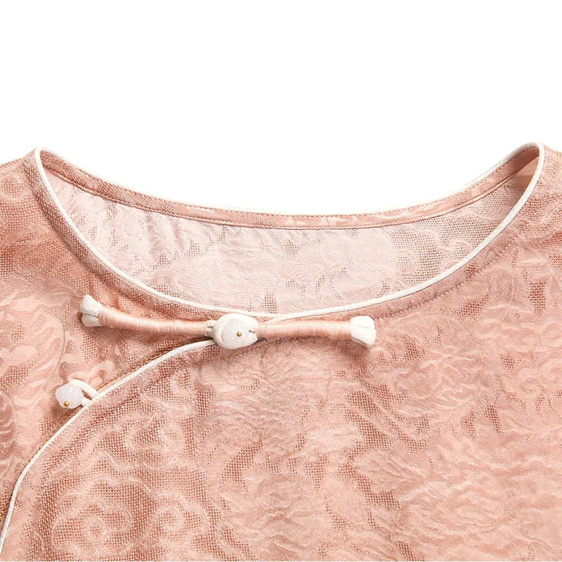 High Quality Women's Autumn Chinese Style Clothing Embroidered Crew Neck Side Opening Knot Button Top Silk Jacquard Zen Blouse