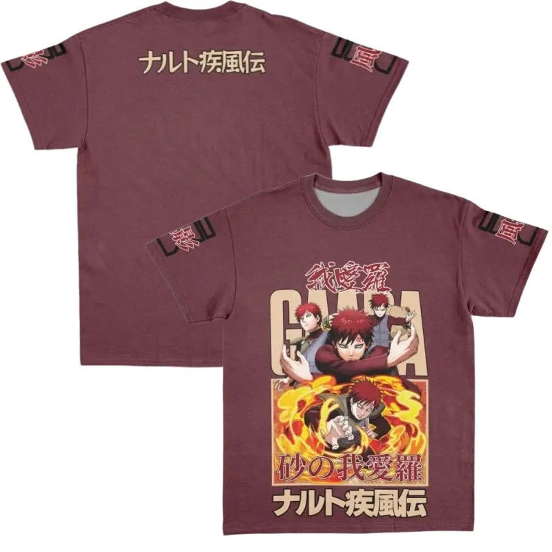 2026 New Naruto Gaara Wine Red Short-Sleeve T-Shirt with Sand Village Shukaku Sand Flame Print - Unisex Sports Casual T-Shirt
