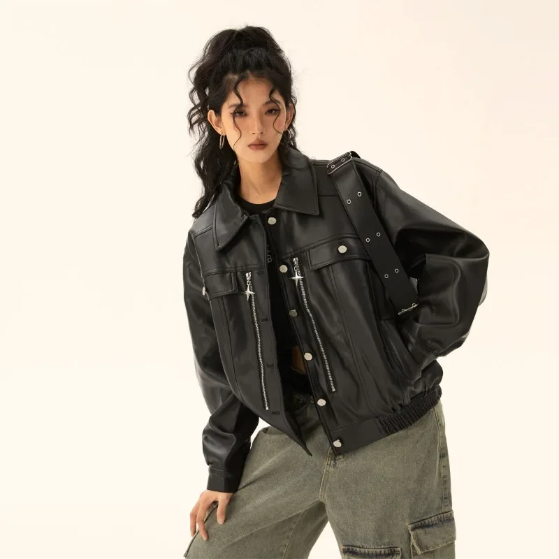 Deeptown Vintage Leather Racing Jacket Women Streetwear Oversized Gothic Moto Biker Zipper Jackets Korean Fashion Autumn Winter