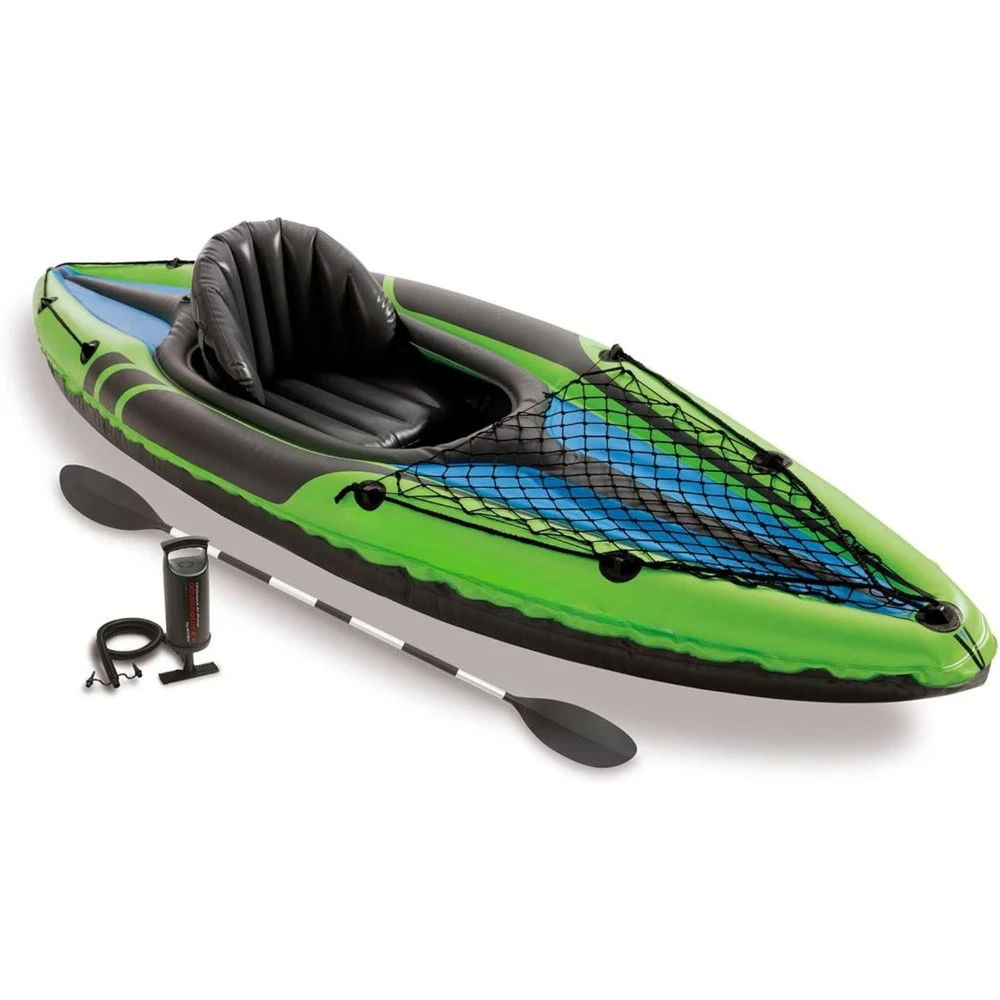 Kayak deportivo de vinilo duradero para 1 persona, asiento inflable y respaldo, remo, bomba, bolsa de transporte y Kit de reparación, 2 paquetes