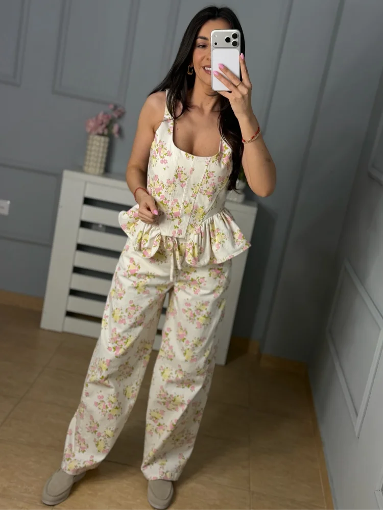 

French Gentle Floral Set Ruffle Hem Corset Top Pants Women Vacation Chic Soft Stylish Summer Fashion Vintage Female Outfits