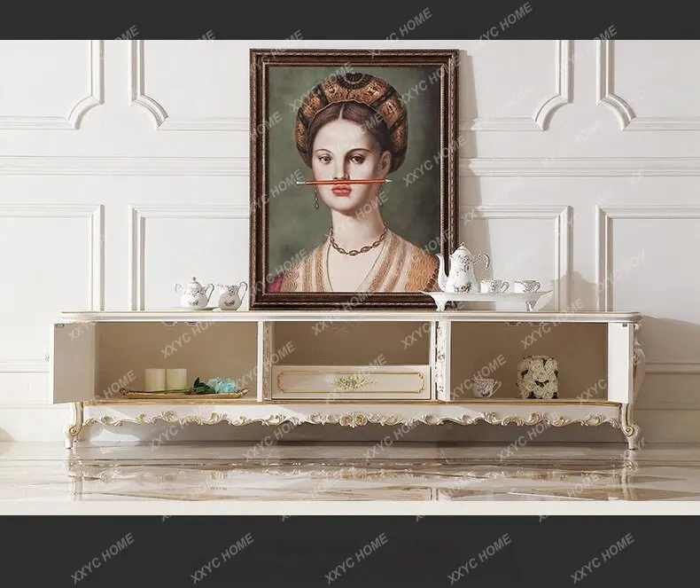 court solid wood carving flower TV cabinet villa high-end living room floor cabinet  painted gold TV cabinet