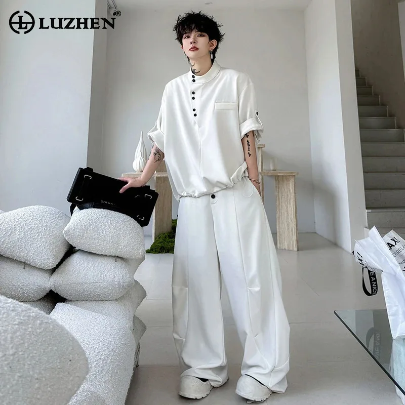 

LUZHEN 2026 Summer Two-piece Sets Solid Color Baggy Wide Leg Casual Pants Men's Original Short Sleeve Round Neck T-shirts JY6822
