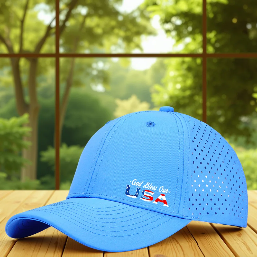 미국 패턴이 있는 6피스 레이저 천공 야구 모자, 자외선 차단 및 방수 통기성 메쉬 스포츠 챙 모자