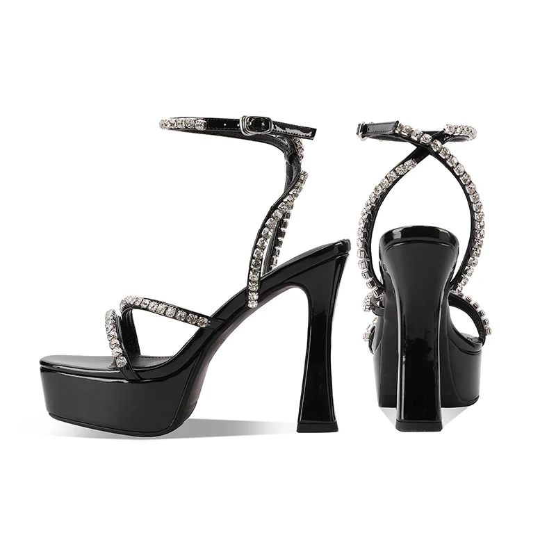 

Arden Furtado 2025 Summer Platform Cow patent leather Crystal Banquet shoes Round toe Super high heel word-cingulate Sandals