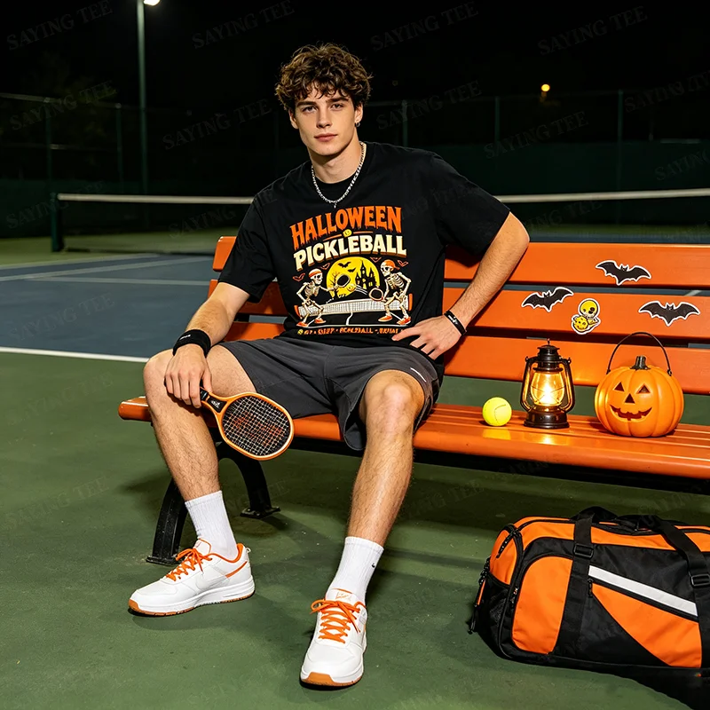 Lustiges Halloween Pickleball-Spiel Skelette und Pickleball T-Shirt Y2K Horror Humor Pickleball-Spieler Grafik-Kostüm Neuheit T-Shirt – Detail 4