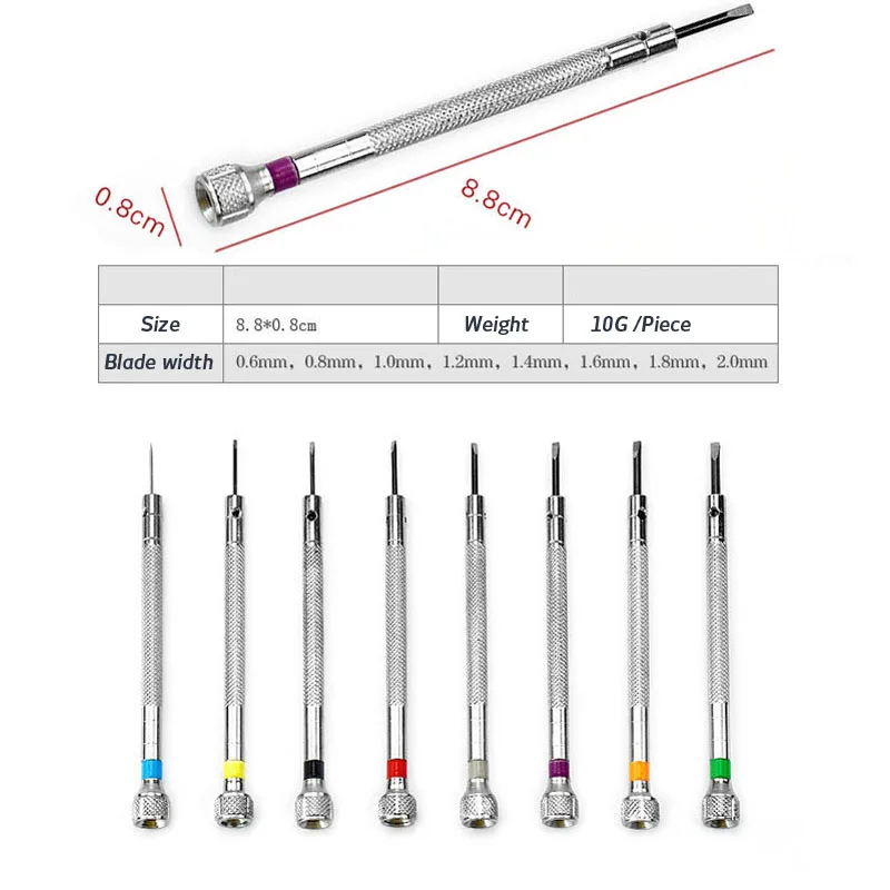 8ピース/セット時計修理用スチールドライバー、ポータブルフラットブレード、時計職人ツール、6mm-2.0mm