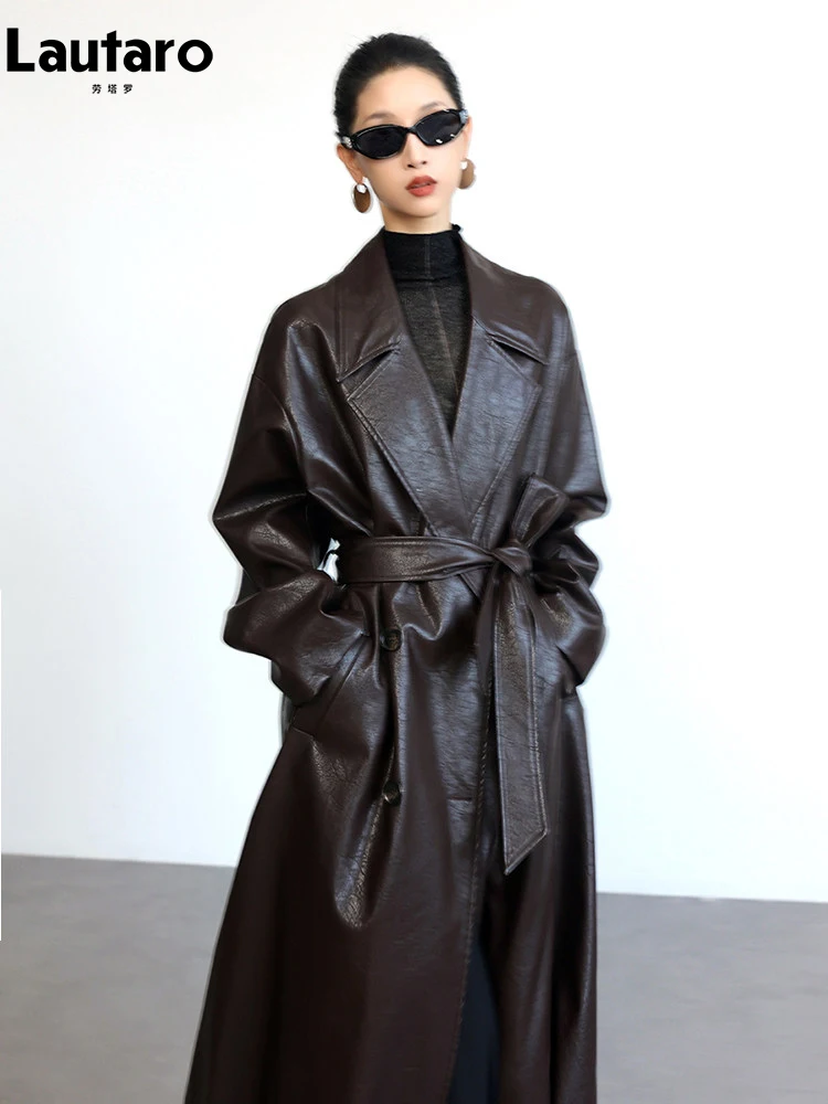 

Lautaro Spring Autumn Long Waterproof Loose Casual Pu Leather Trench Coat for Women Sashes Luxury Elegant Clothes 2026 Overcoat