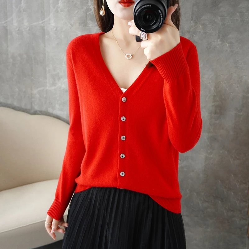 2024 Spring And Autumn Sweater New Women's V-neck Cardigan Solid Color Long Sleeve Women's Clothing Cardigan ZD035